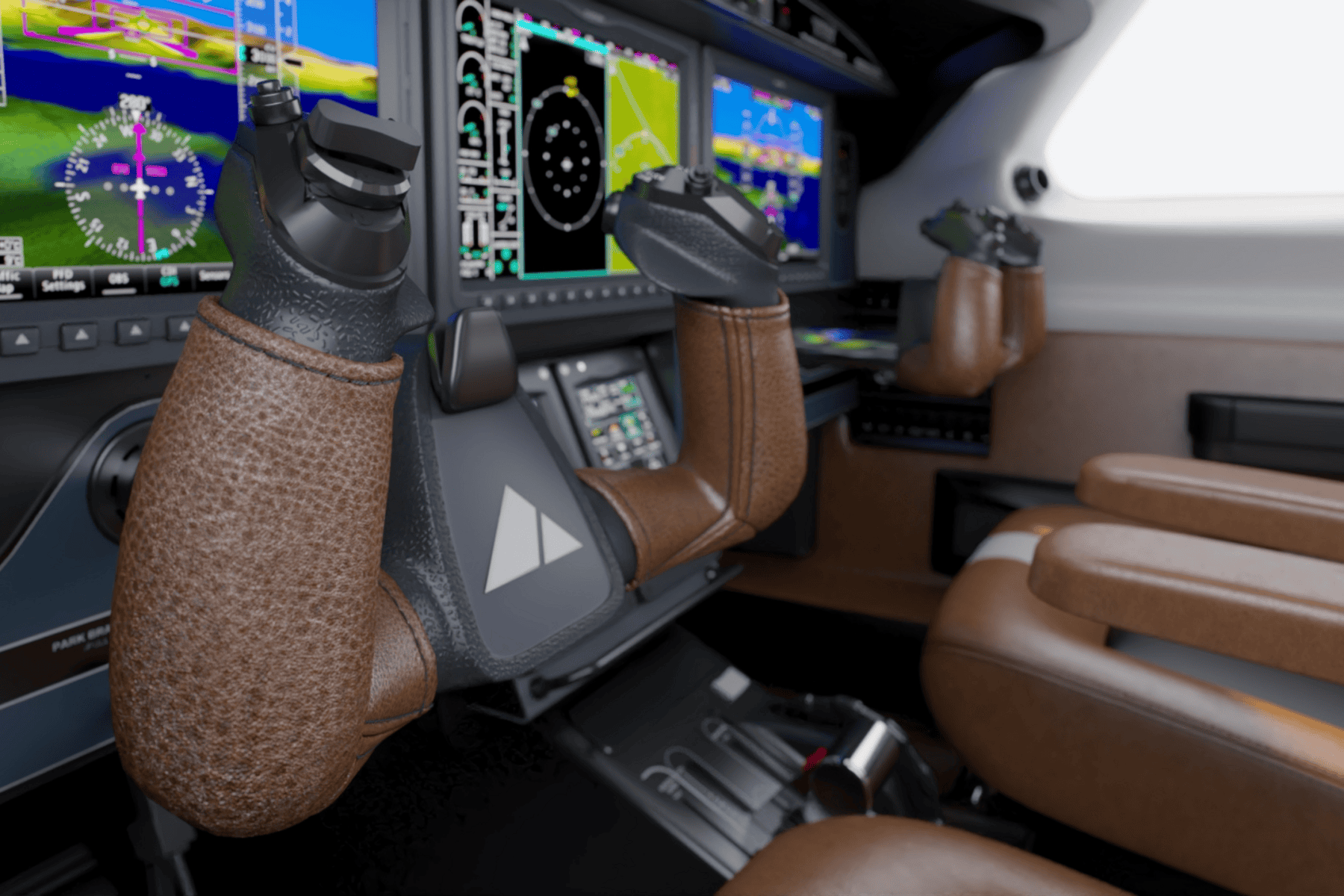 Private jet cockpit with brown leather controls.