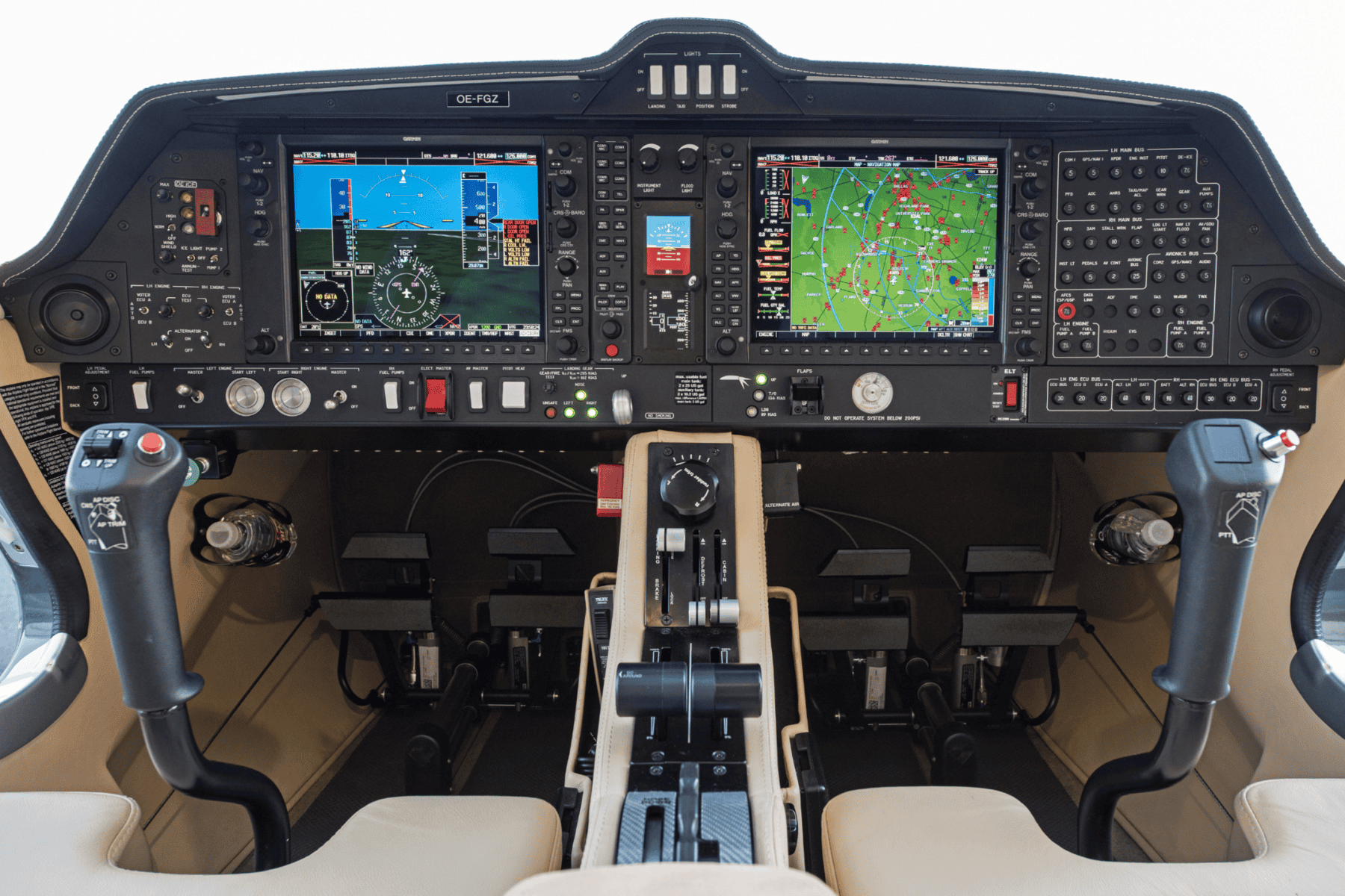 Cockpit with navigational screens and controls.