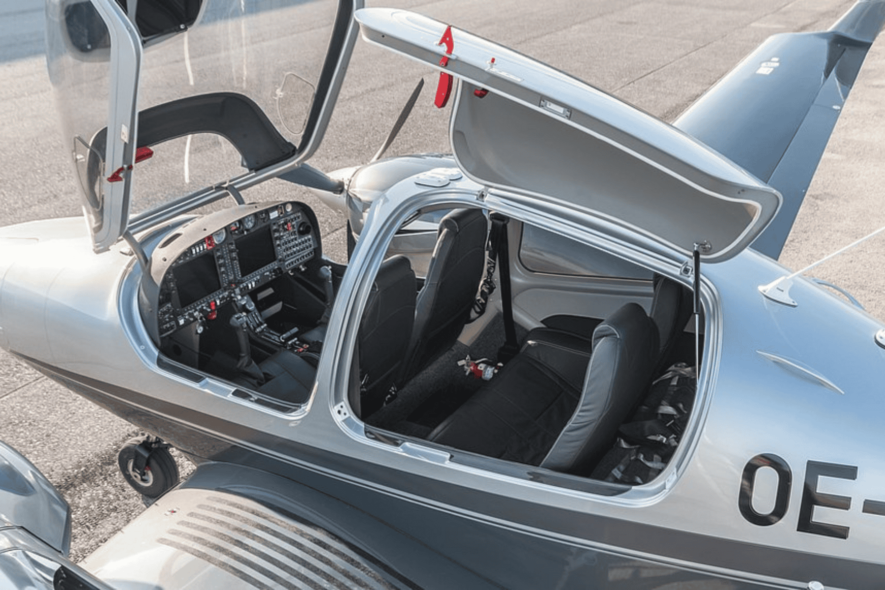 Open cockpit of small aircraft overhead view