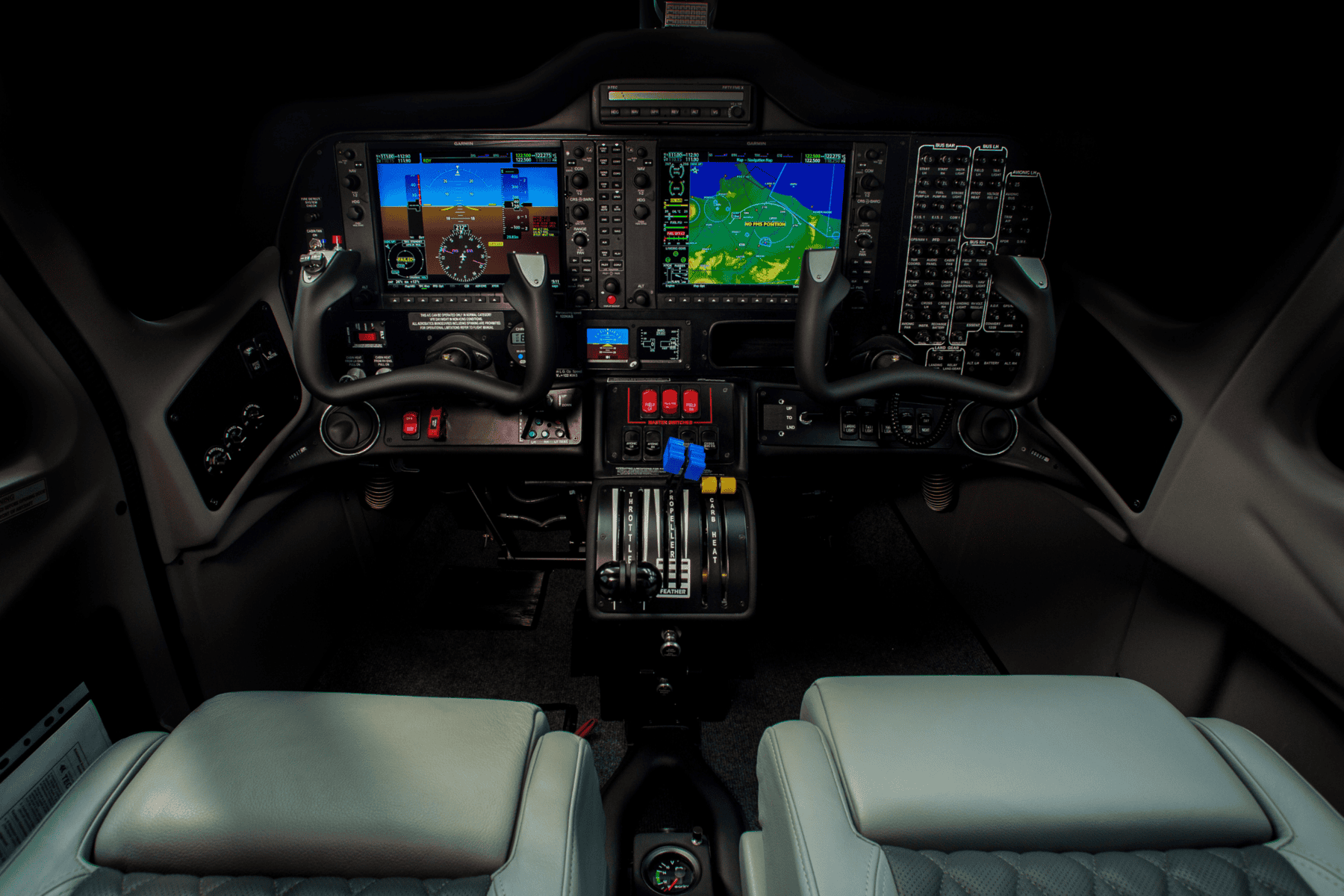 Modern airplane cockpit with control panels