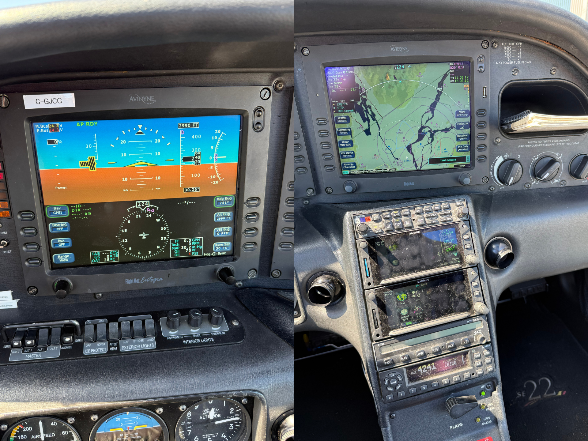 Cockpit view showing two large avionics displays (left: primary flight/attitude and horizon; right: moving map) with many switches, knobs, and a notebook resting in the upper right storage area.
