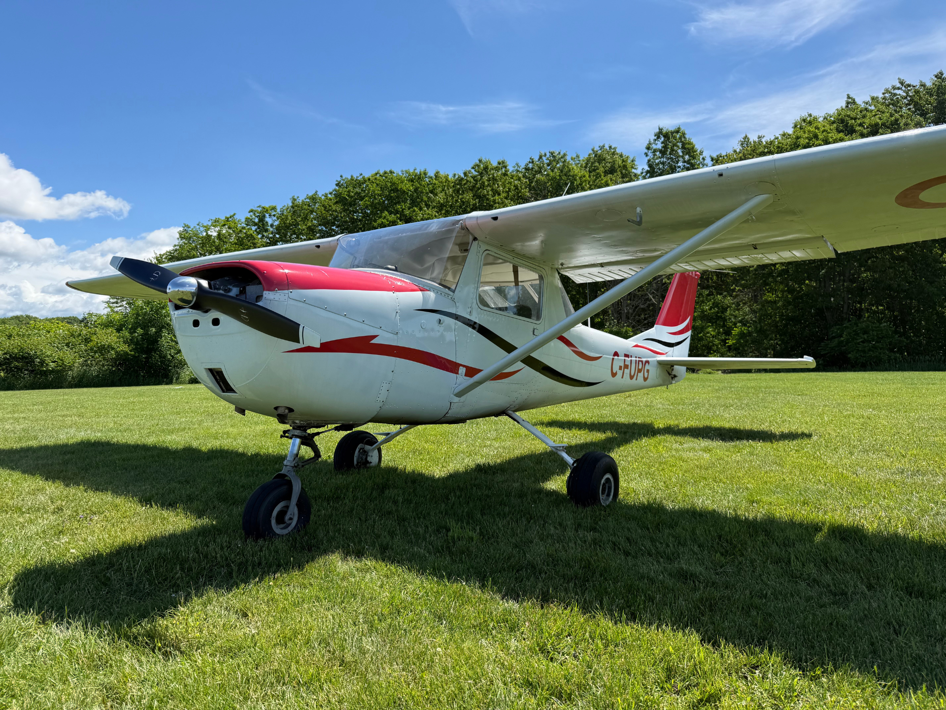 Small white single-engine high-wing airplane parked on a grassy field under a blue sky with trees in the background, registration C-FUPG visible on the fuselage.