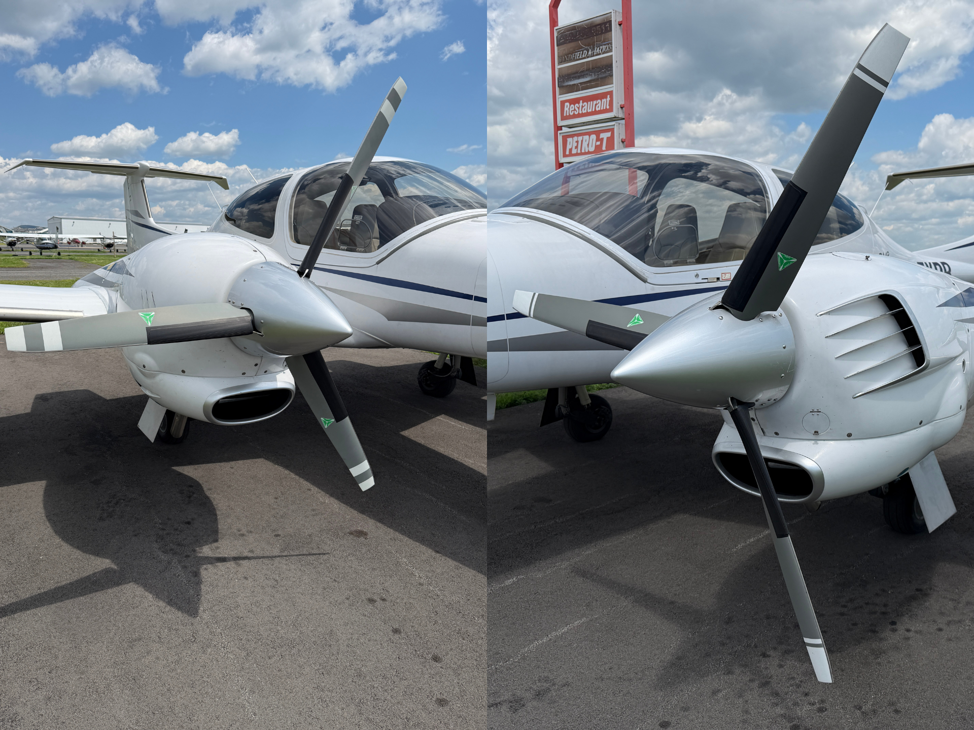 Two white light airplanes with propellers parked on a tarmac under a blue sky with scattered clouds.
