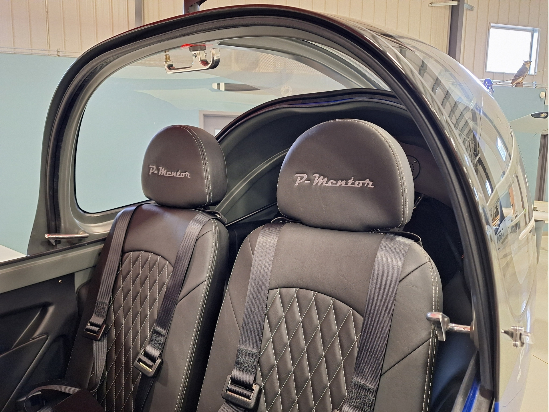 Two front seats of a small airplane with quilted gray leather and over-the-shoulder harnesses, open door and curved cockpit canopy visible