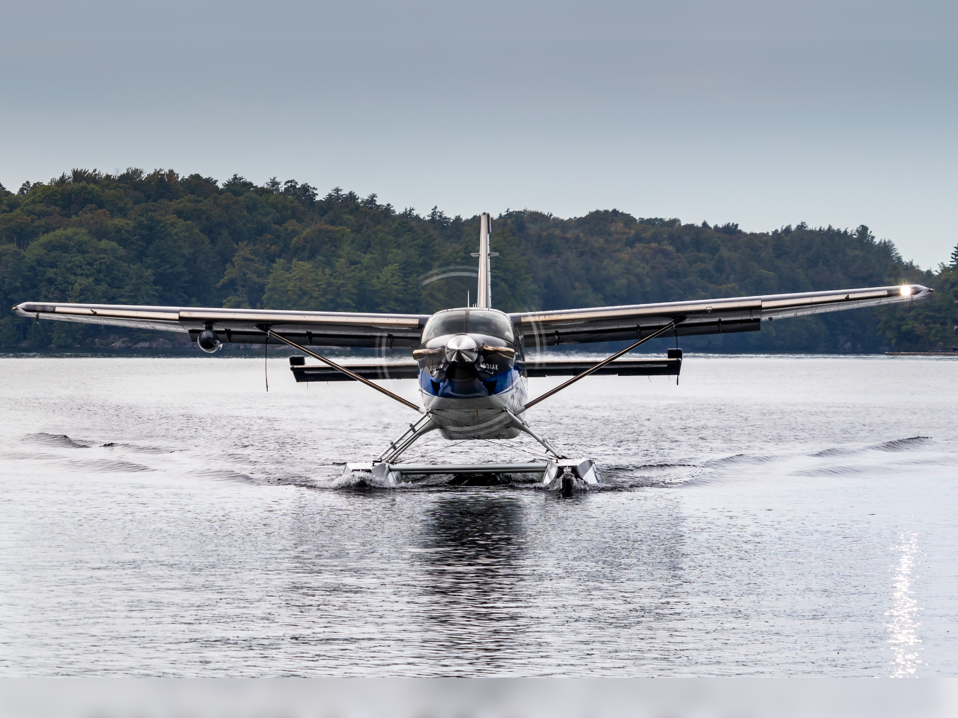 Front view of a seaplane landing on a calm lake with a forested shoreline in the background